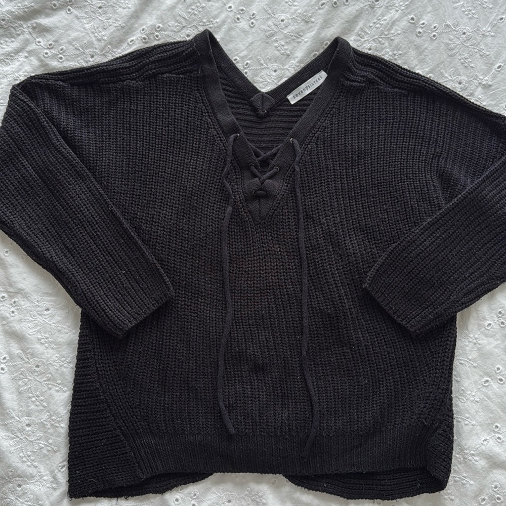 Black Knit Sweater with Front-Tie Detail (Size S)